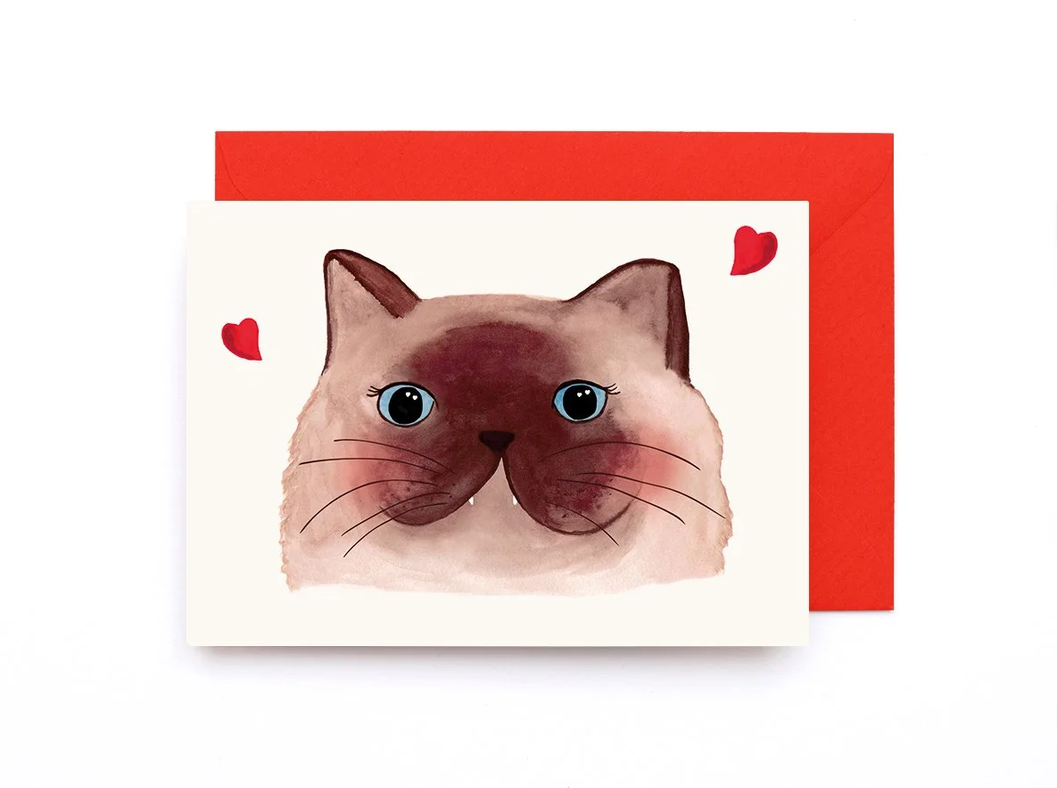Swooning Kitty Cat Valentine's Day Love greeting card with Hearts