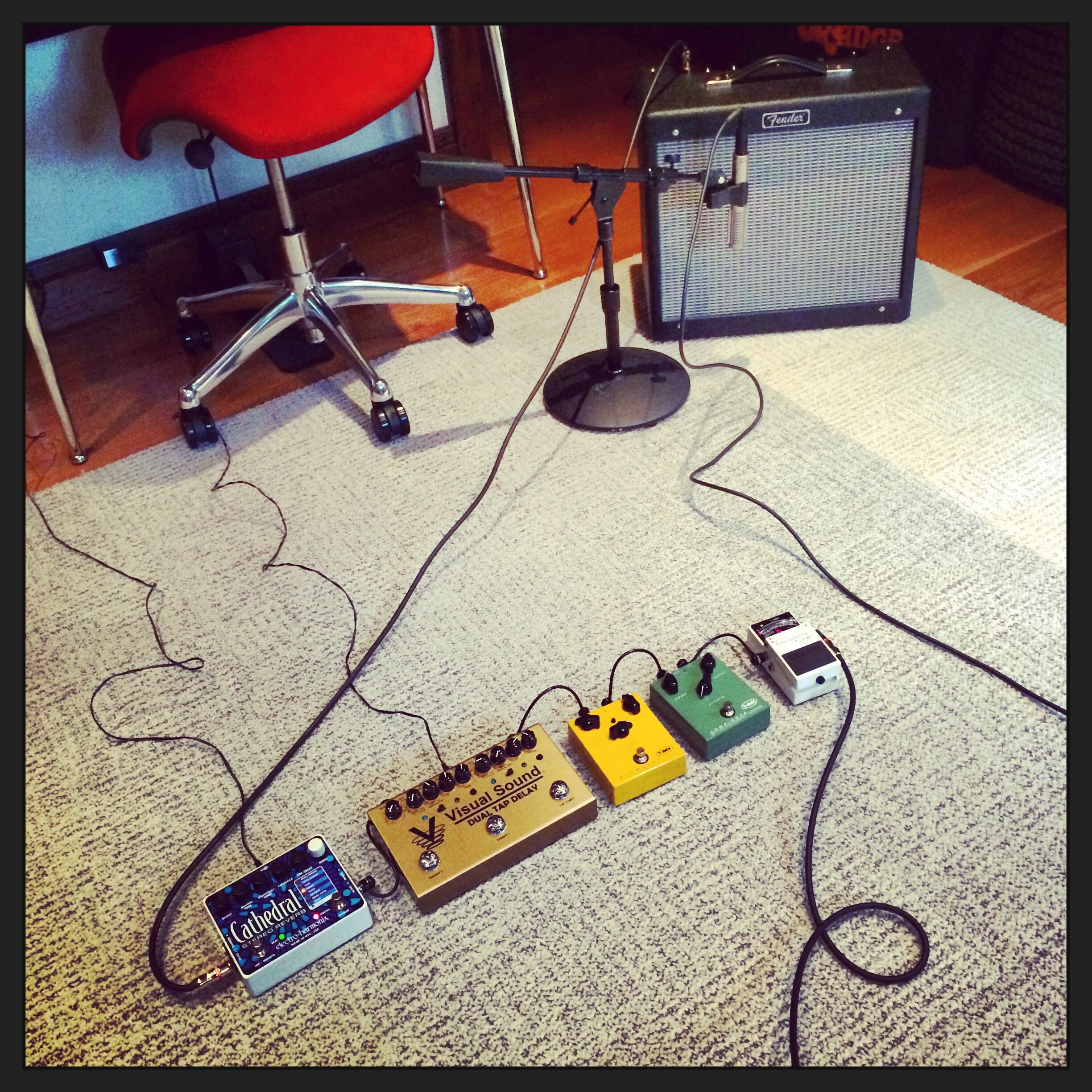 For the music nerds: Boss Tuner >    T-Rex Comp > T-Rex Mudhoney > Visual Sound Dual Tap Delay > Electro-Harmonix Cathedral Reverb