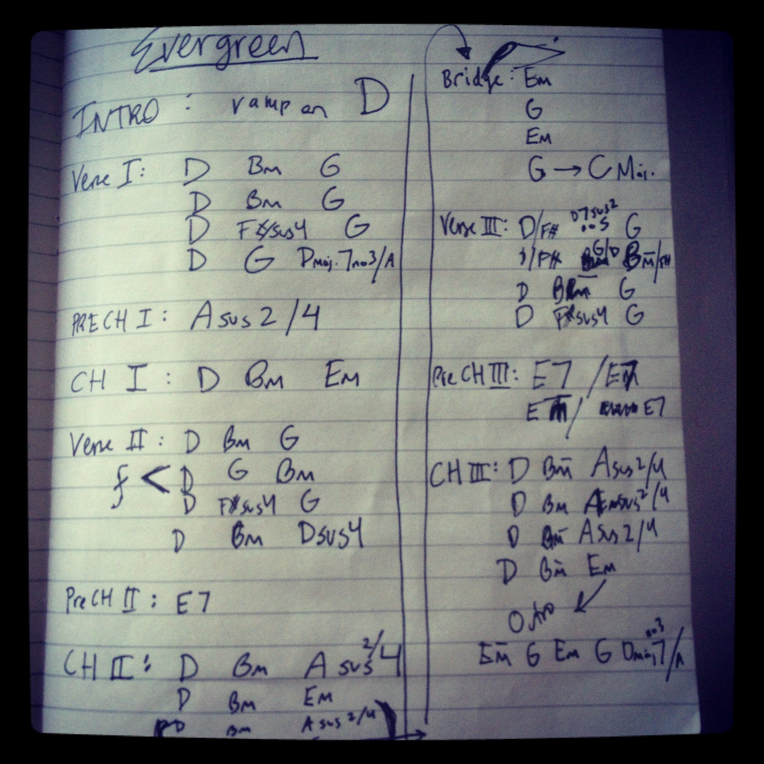 Working out the chords to “Evergreen”.  I write songs first and then figure out chord names afterwards.