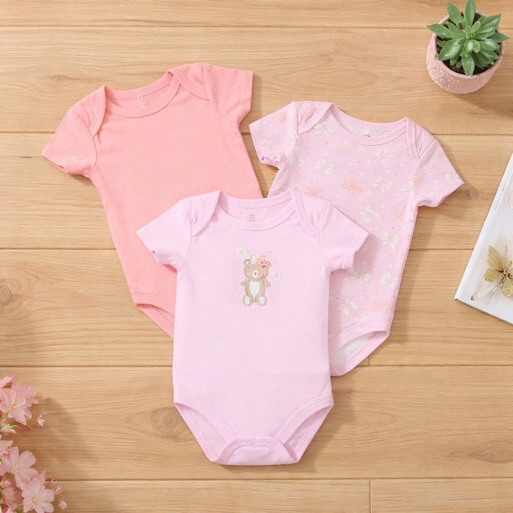 Teddy Pink Baby Onesie Set - 3 Pack