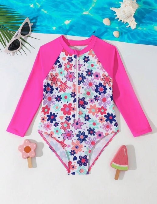 Girl Hotpink Sleeves Swimsuit