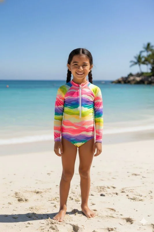 Long-Sleeve Aqua Rainbow Zipped Swimsuit