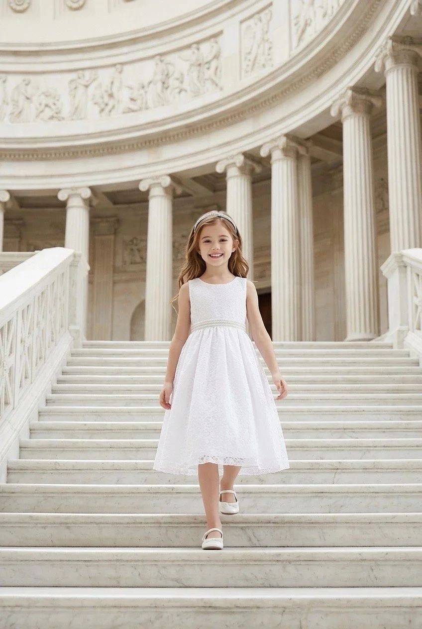 Holy Communion Lace Dress with Beads Satin Ribbon