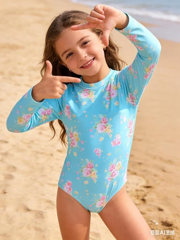 Blue Long-Sleeve Floral Swimsuit