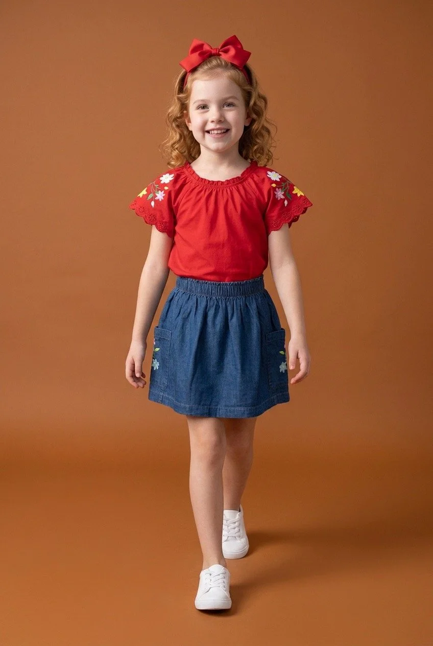 Embroidered Skirt Set - Red