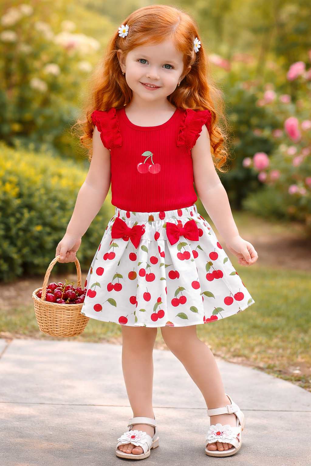 Charming girl with cherries in garden.png