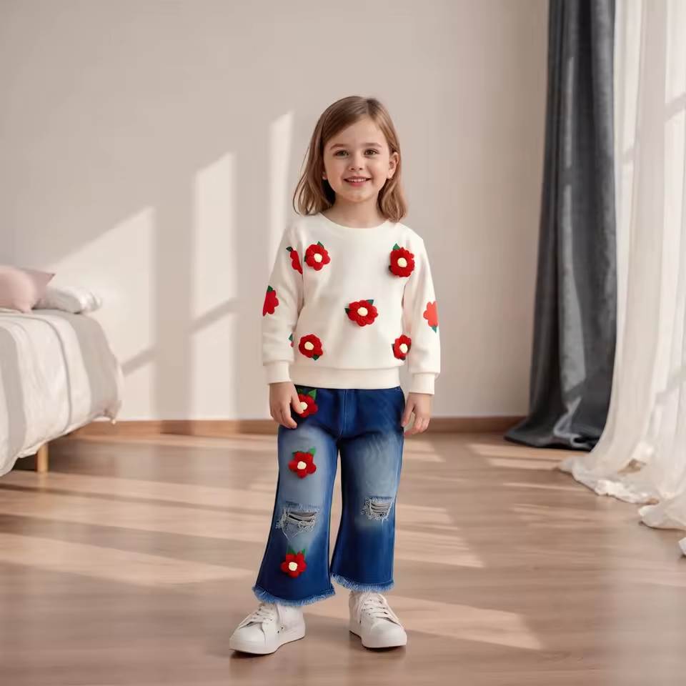 Crochet Print Denim Set - Red