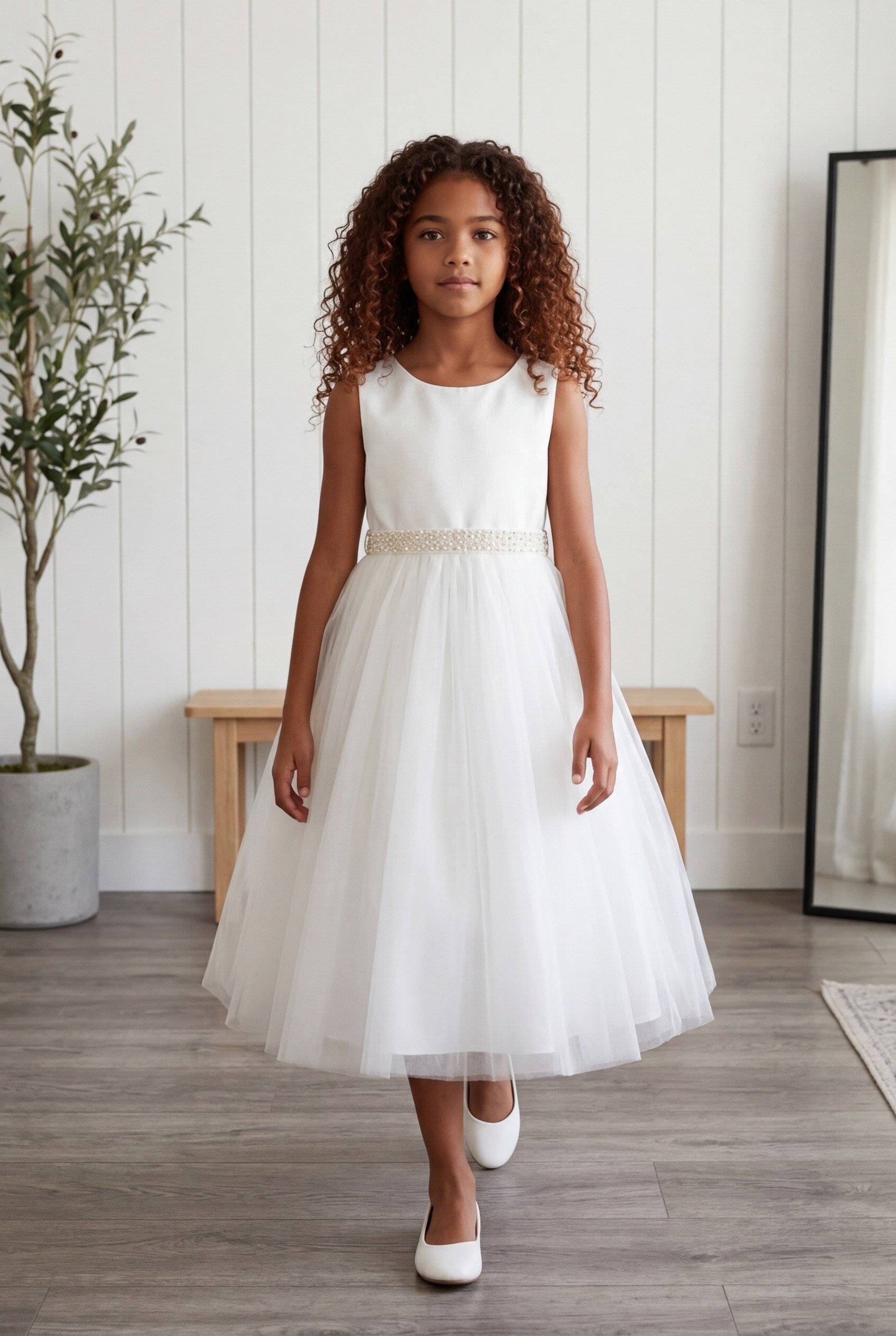 Pearl Rhinestone Satin & Tulle Dress