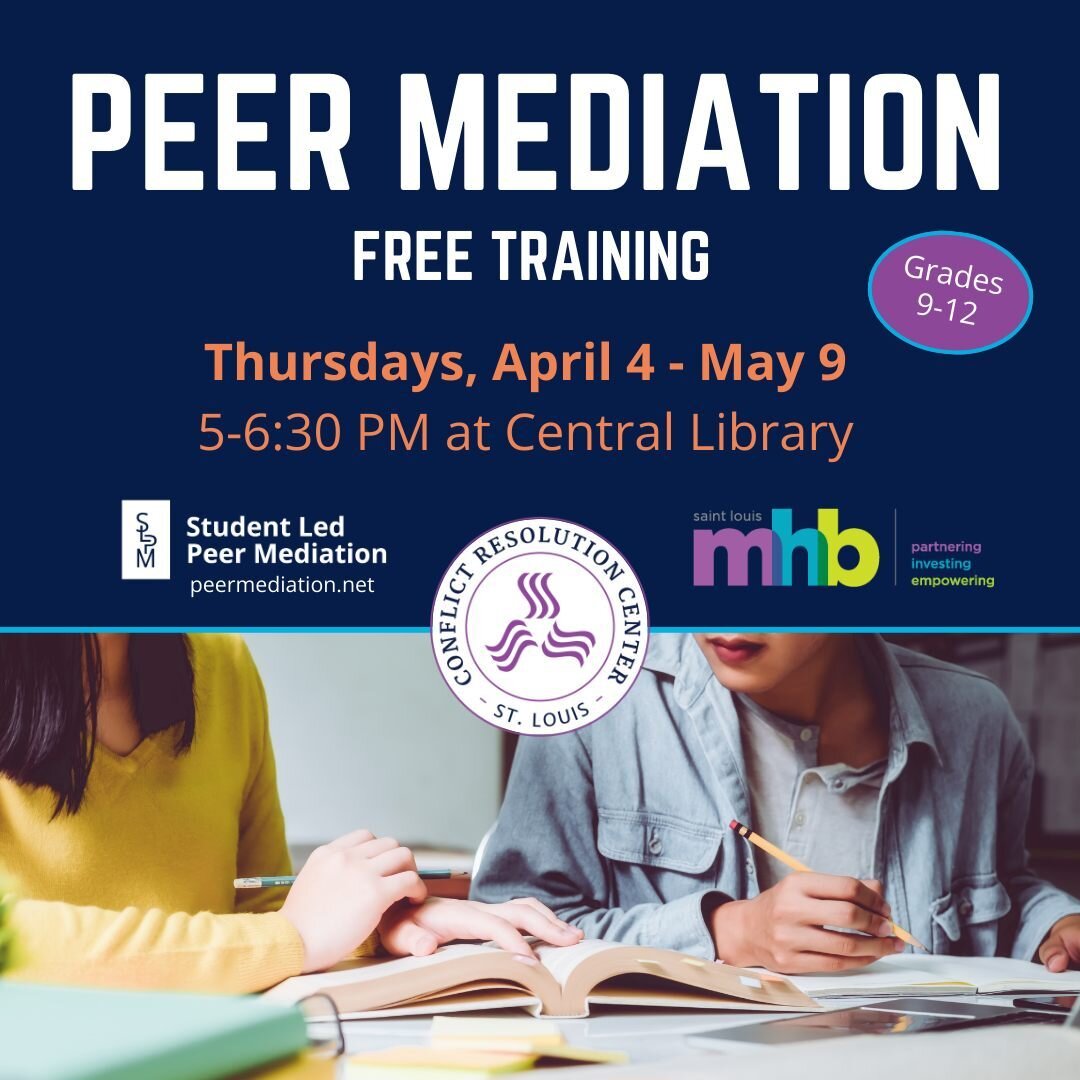 We're excited to partner with the
@stlouispubliclibrary to offer a 6 wk Peer Mediation Training for youth Grades 9-12 looking to learn conflict resolution skills. This program is FREE to attend! Students will learn about conflict and the different co
