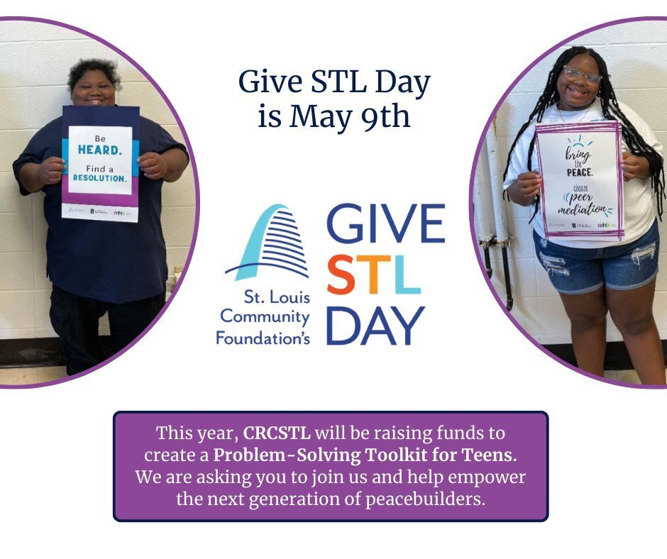 SAVE THE DATE: #GiveSTLDay is on May 9th! 💜 This year, our focus is on expanding our Student-Led Peer Mediation (SLPM) program so we're able to serve more students and empower the next generation of peacebuilders. Follow this link to learn more: crc