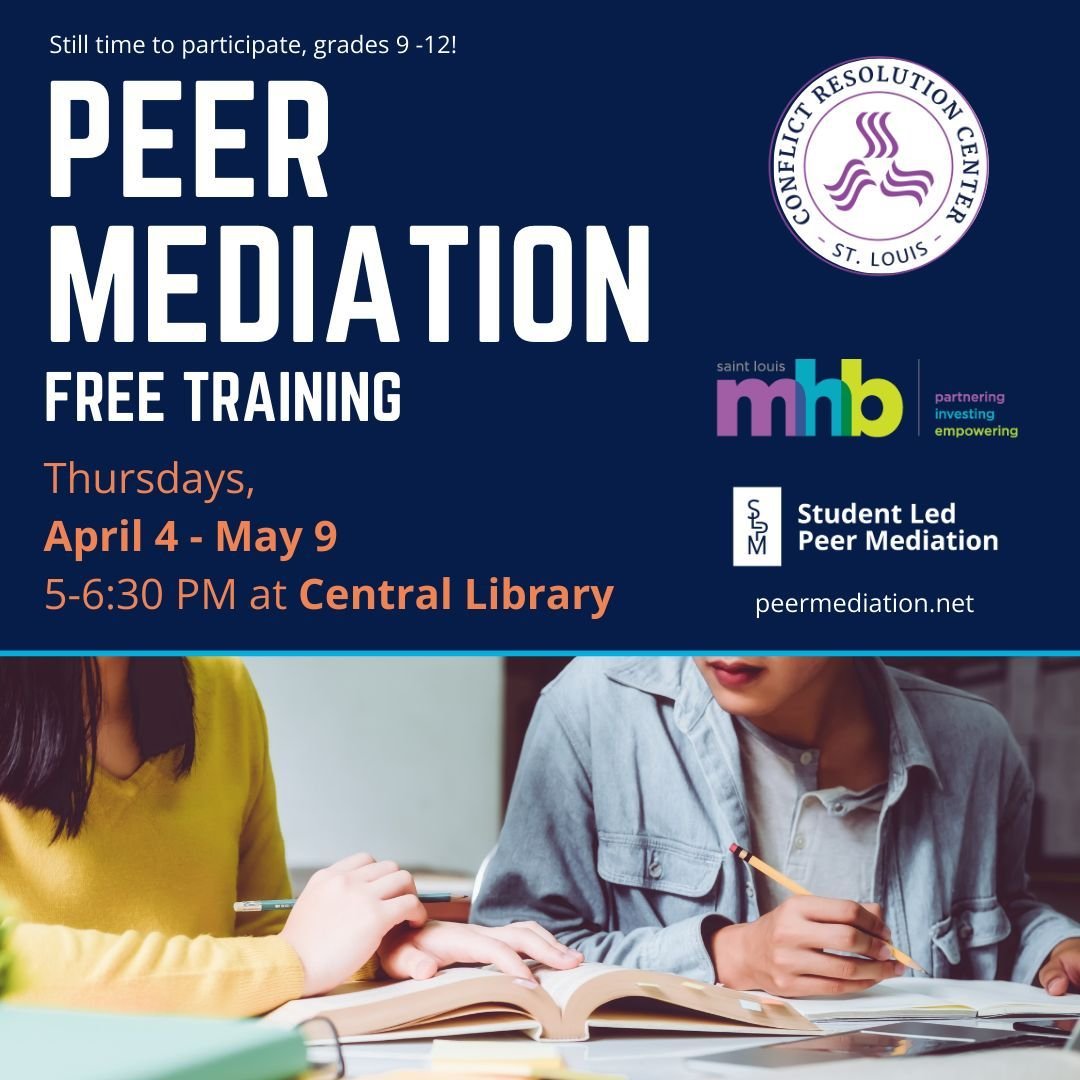 Don't forget SLPM (Student-Led Peer Mediation) Training is happening this Thursday at Central Library from 5-6:30pm. This FREE training program is for students grades 9-12 looking to learn conflict resolution skills. 

Students must attend 4 out of 6