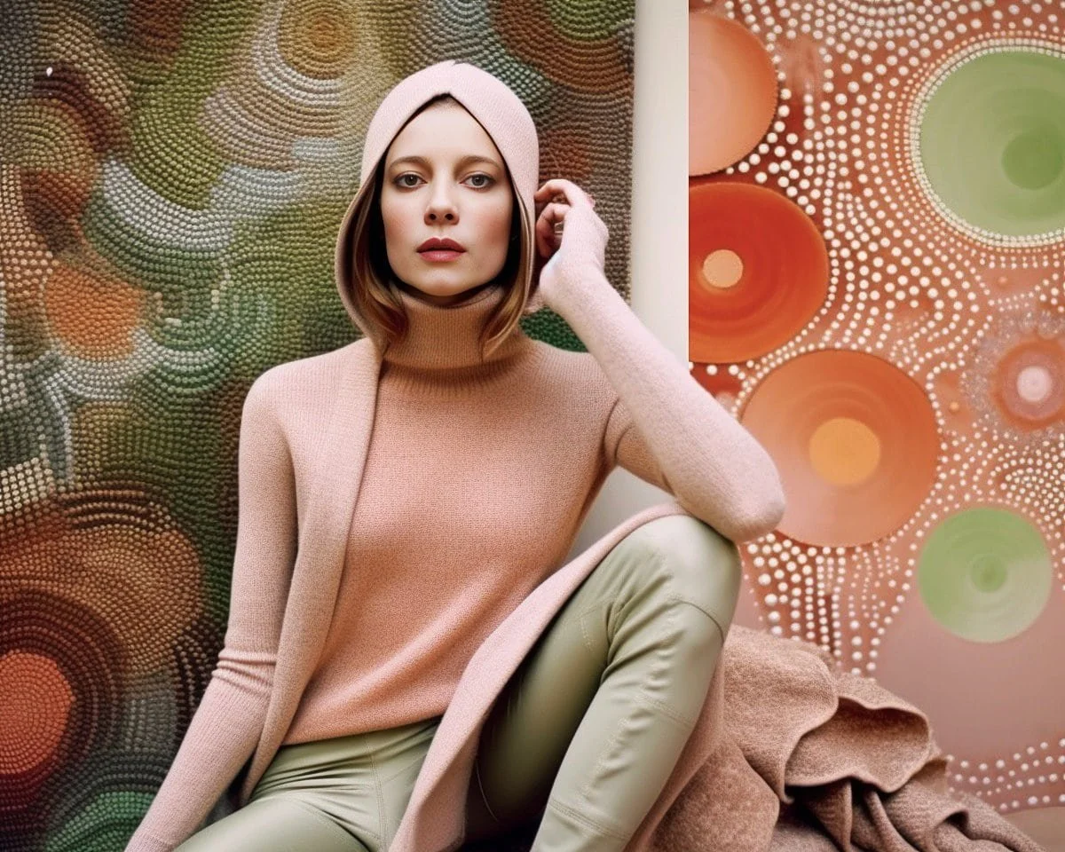 Personal Branding Photographer shoots model in pastel, amidst color-field abstraction. Personal PhotoShoot reveals luxurious fabrics in Studio Portraits, reflecting 1970-present Personal Branding Portrait aesthetic