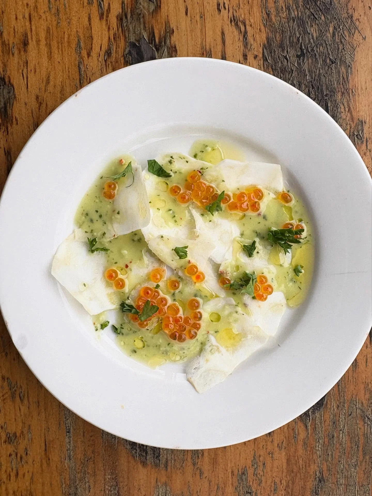 Celeriac Crudo, Celery Tigre de Leche, Trout Roe