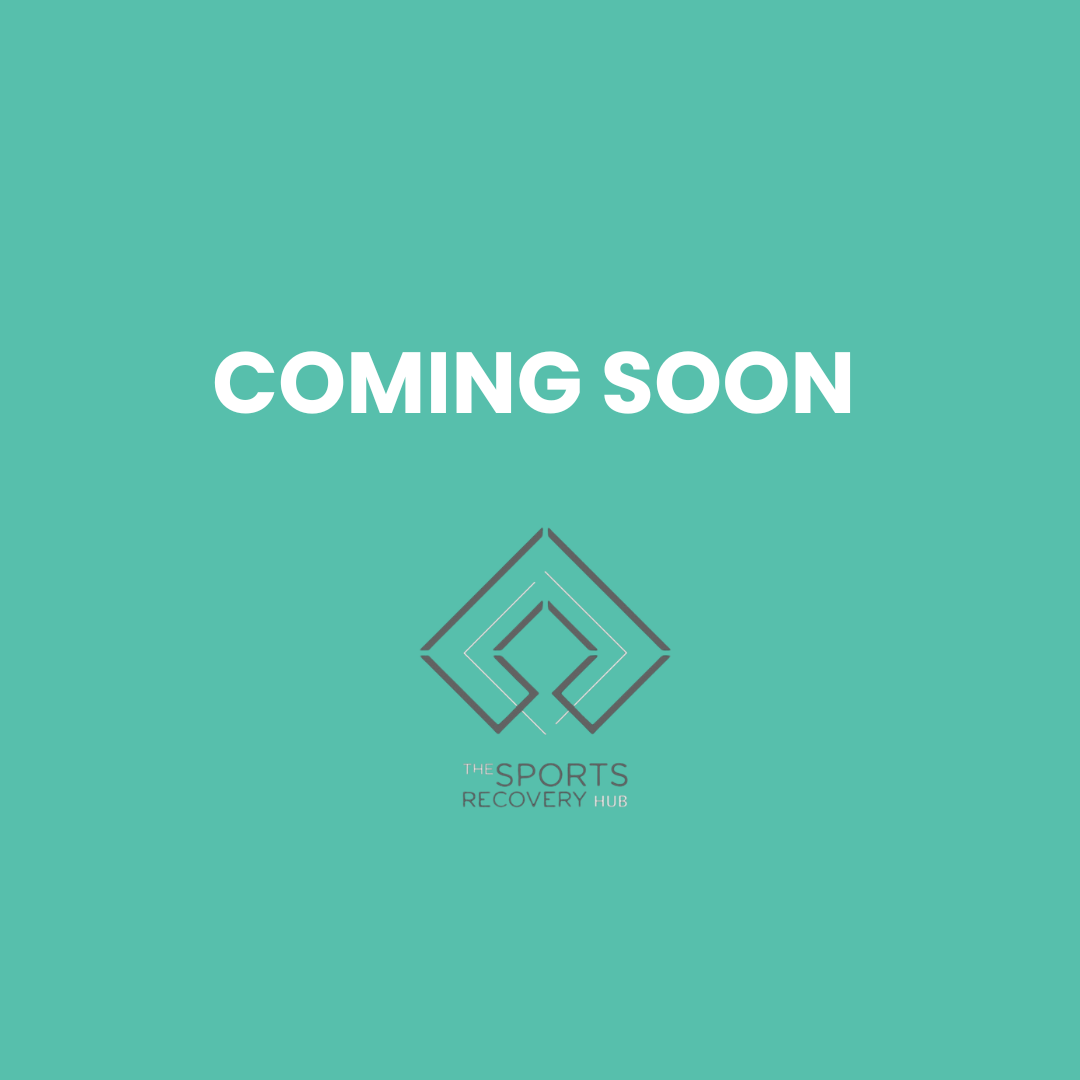 Teal background with white text that says 'Coming Soon' and a logo for The Sports Recovery Hub