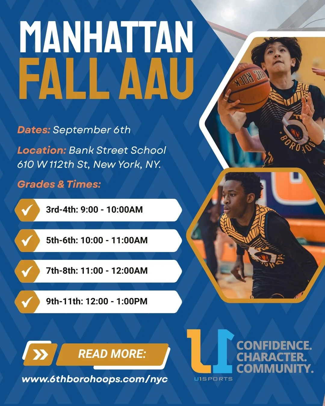 Flyer for Manhattan Fall AAU basketball event with photos of boys playing basketball, event date September 6th, location Bank Street School, and grades & times from 3rd to 11th grade.