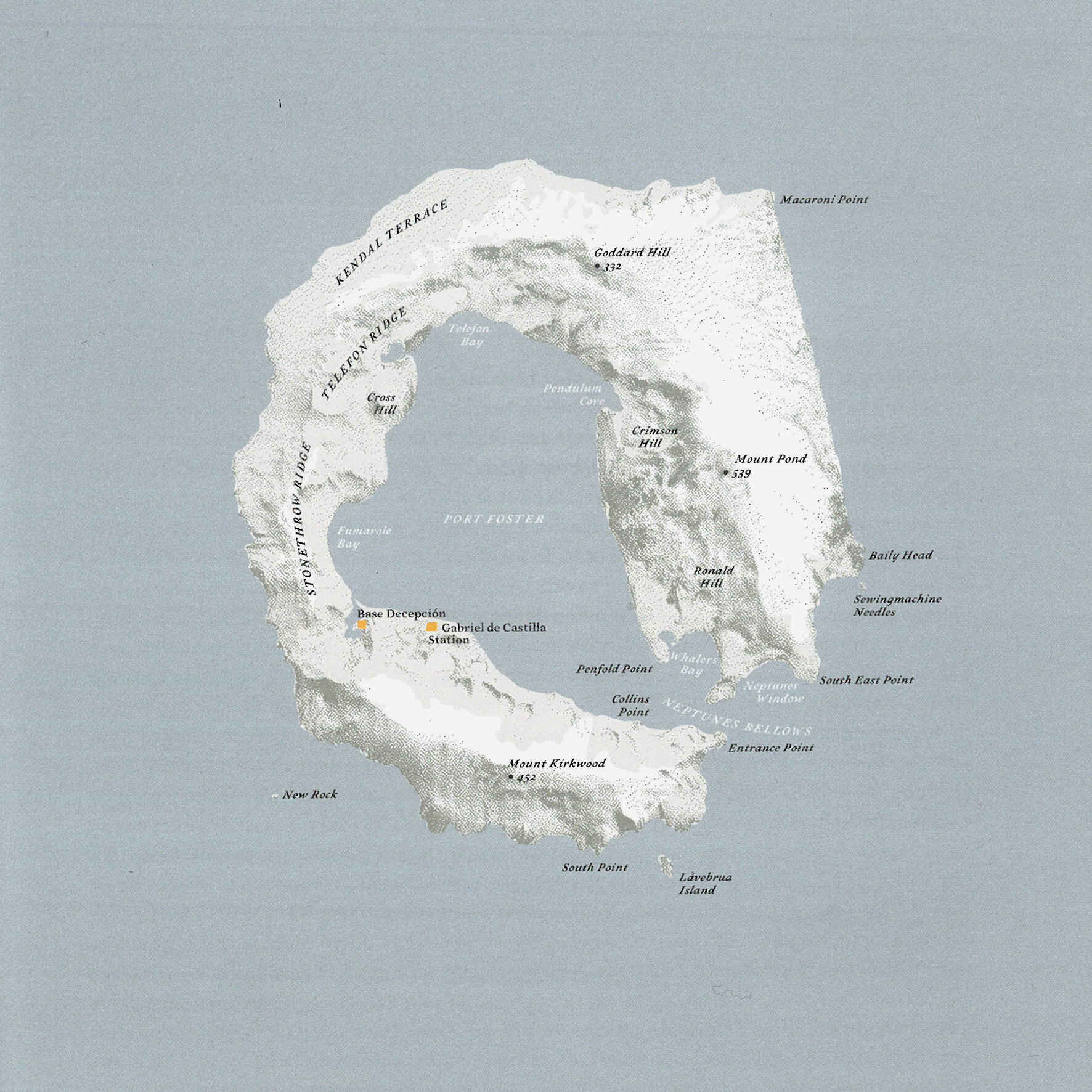  Isla Decepción Islas Shetland del Sud (Antártida) - Océano Antártico (62º 57’ S - 60º 38’ O / 98,5 Km2 deshabitada)  Ilustración: Judith Schalansky, Fuente: Atlas de Islas Remotas, Capitán Swing · Nørdicalibros 2013 