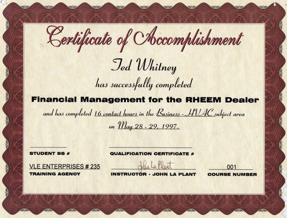  Certificate of Accomplishment.  Financial Management for the Rheem Dealer 