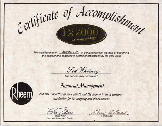 Certificate of Accomplishment.  Financial Management and Committed to Sales Growth 