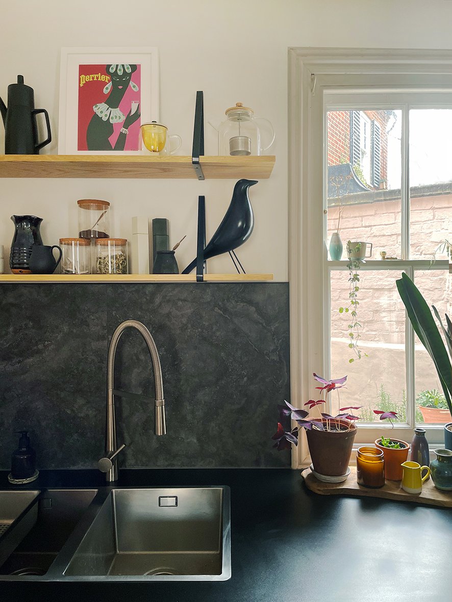 CharlotteBucciero-interiors-kitchen-sink-black-splashback-worktop-granite-shelving.jpg