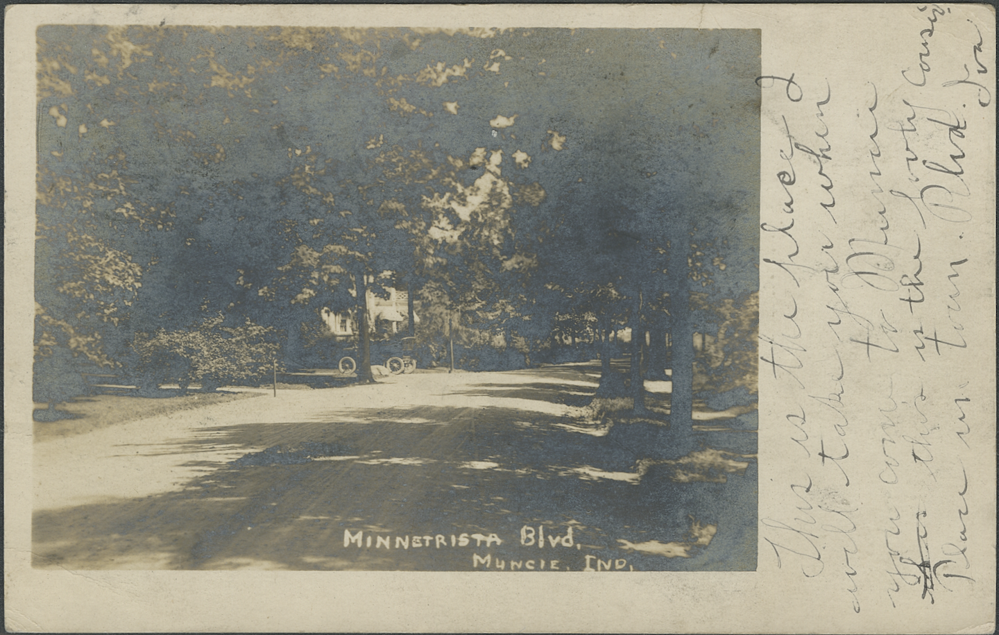 Minnetrista with Maplewood Postcard 1906. Looking east in front of Ball family homes with Maplewood and an automobile in the distance. From the Delaware Co. Historical Society Mike Mavis Collection