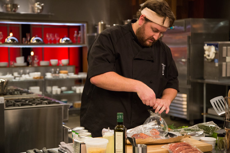 Jay Ducote makes minestrone in a coffee pot on Cutthroat Kitchen, Season 4, Episode 8 "Ho-Ley Pot."