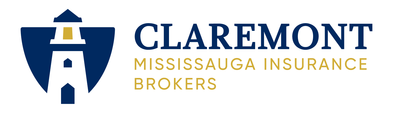 Logo of Claremont Mississauga Insurance Brokers featuring a blue shield with a lighthouse symbol and the company name in blue and gold text.