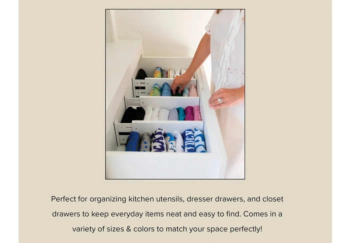 Professional drawer organization system using bamboo dividers to keep everyday items neat and accessible.