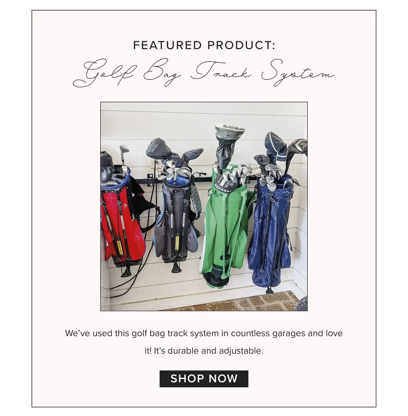 Golf bag storage system mounted on garage wall for organized and space-saving storage in Charleston home