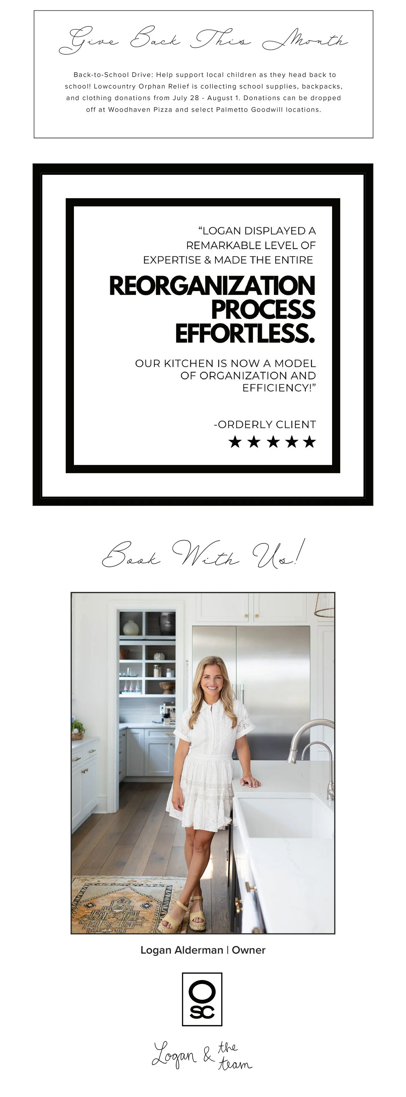 Professional organizer Logan Alderman, owner of Orderly SC, standing in a beautifully organized white kitchen.
