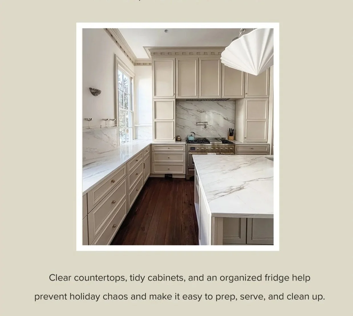 Organized kitchen with clear countertops, tidy cabinets, and streamlined pantry storage