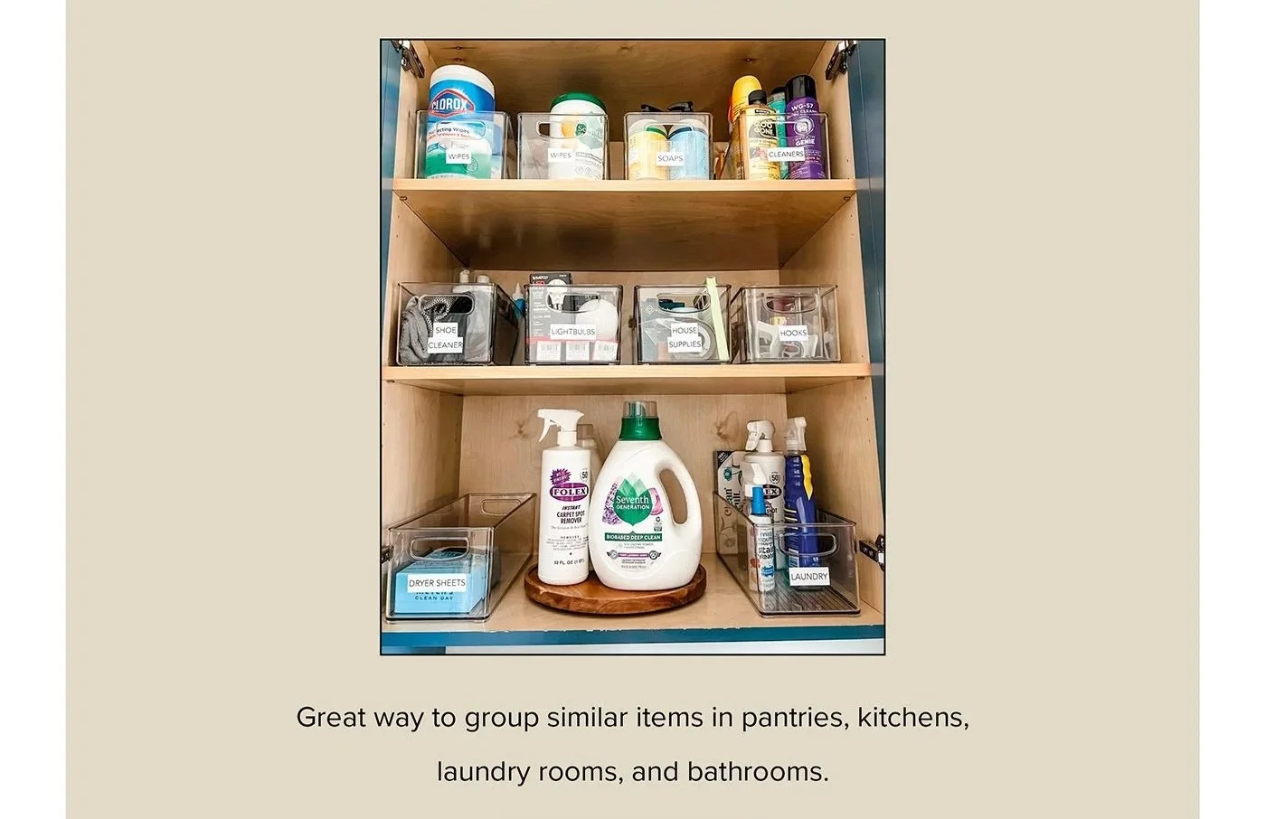 Professional home organization using clear storage bins to organize laundry and household essentials in a Charleston home.