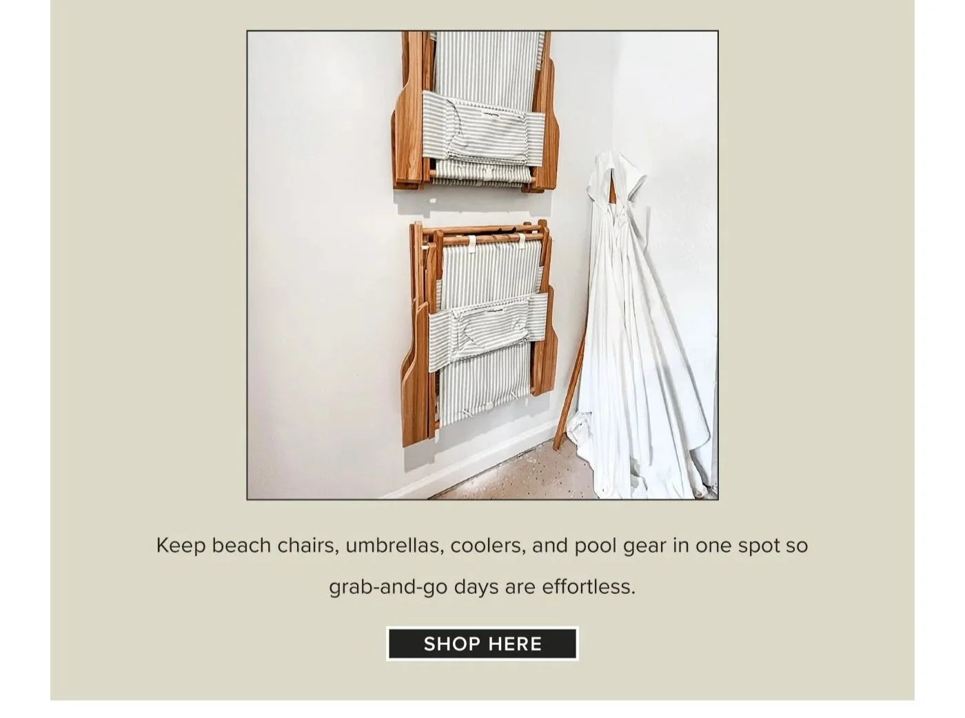 Organized garage wall with beach chairs and umbrellas stored vertically for easy summer access in Charleston SC