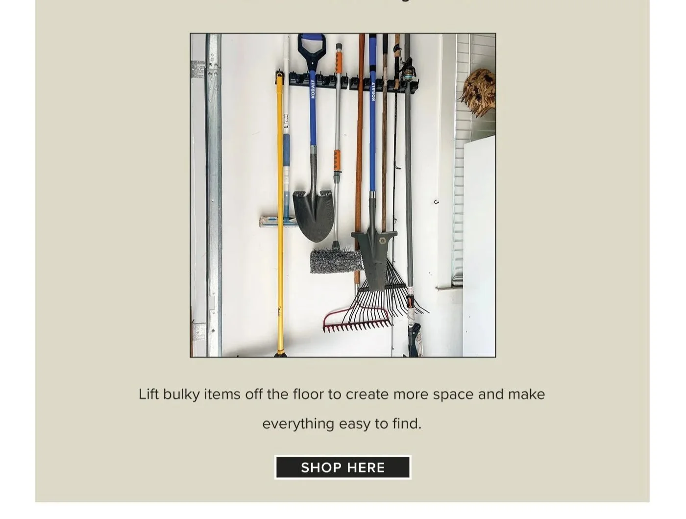 Garage wall hooks holding garden tools and equipment to maximize space and reduce floor clutter