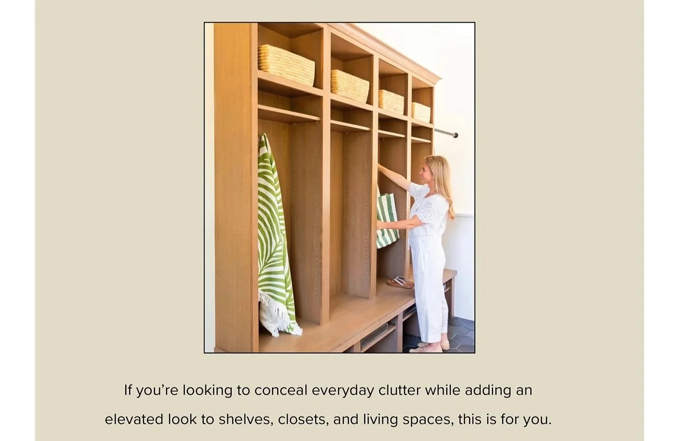 Palm leaf storage baskets styled inside a custom mudroom for elevated home organization by Orderly SC.