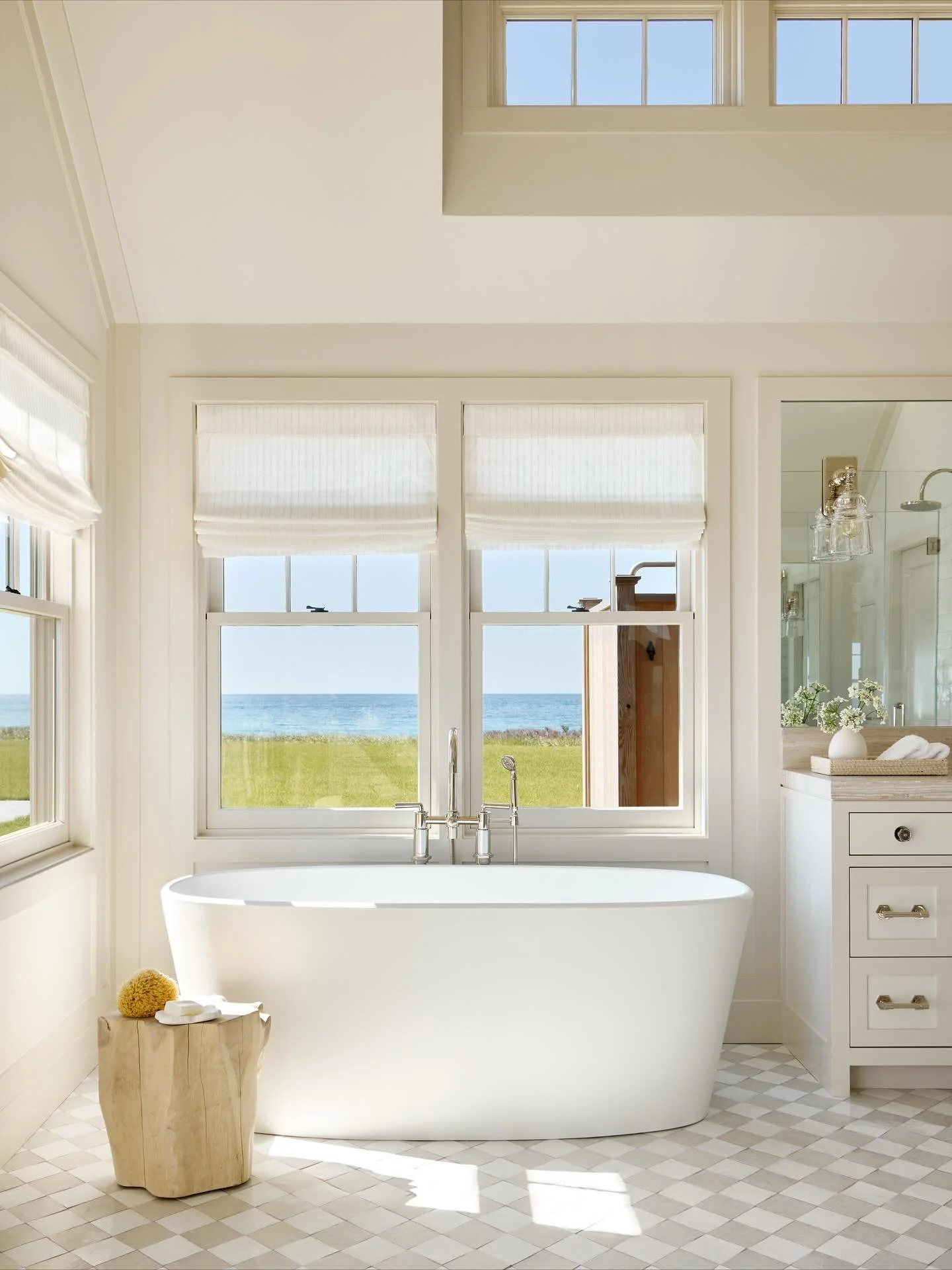 Neutral Primary Bath on Nantucket with handmade Moroccan tile and thick Travertine countertops