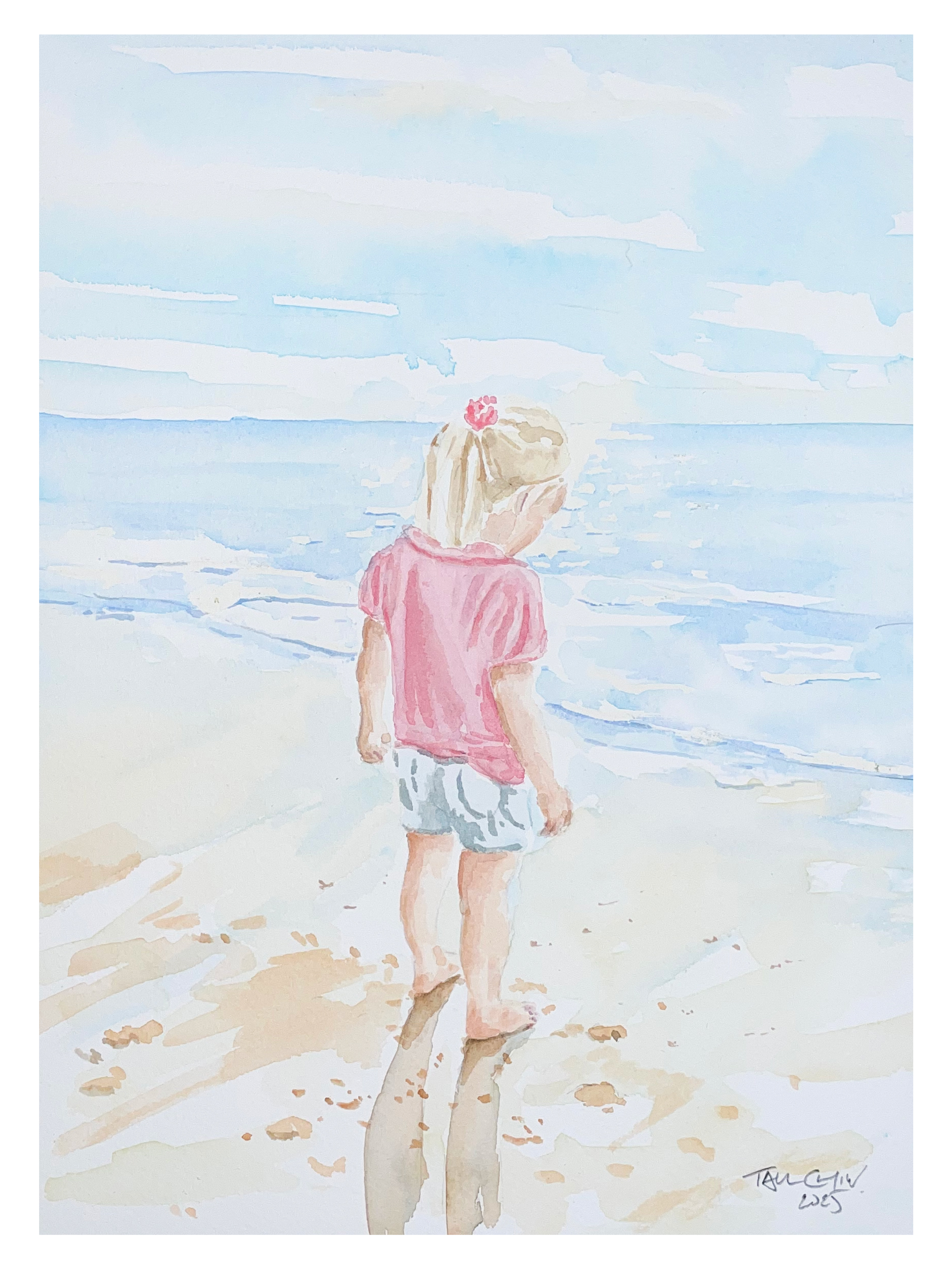 Watercolour of a girl on a beach looking at the sea.
