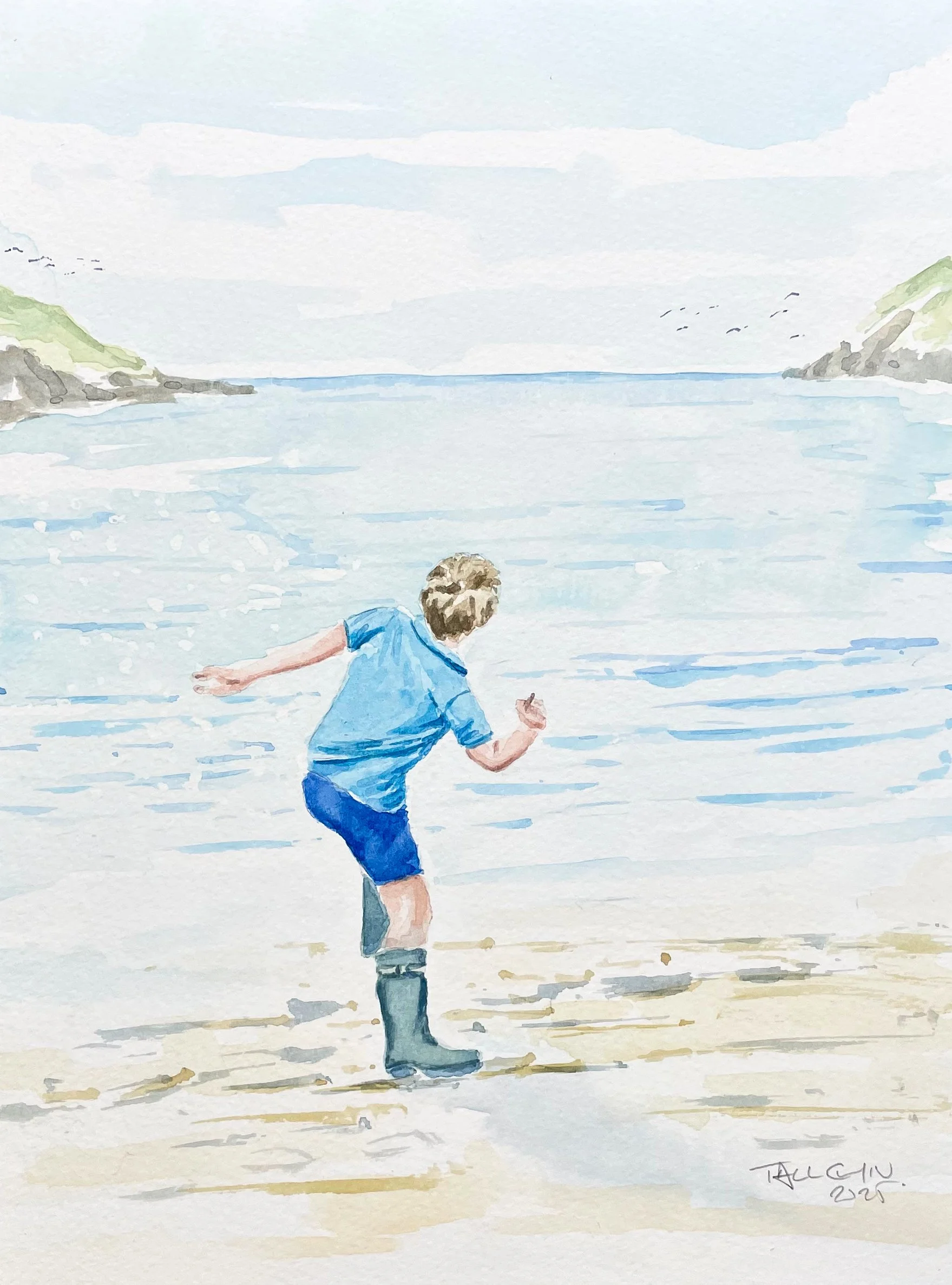 Watercolour painting of a boy skimming pebbles on a beach.  Painted by Philip Shaw