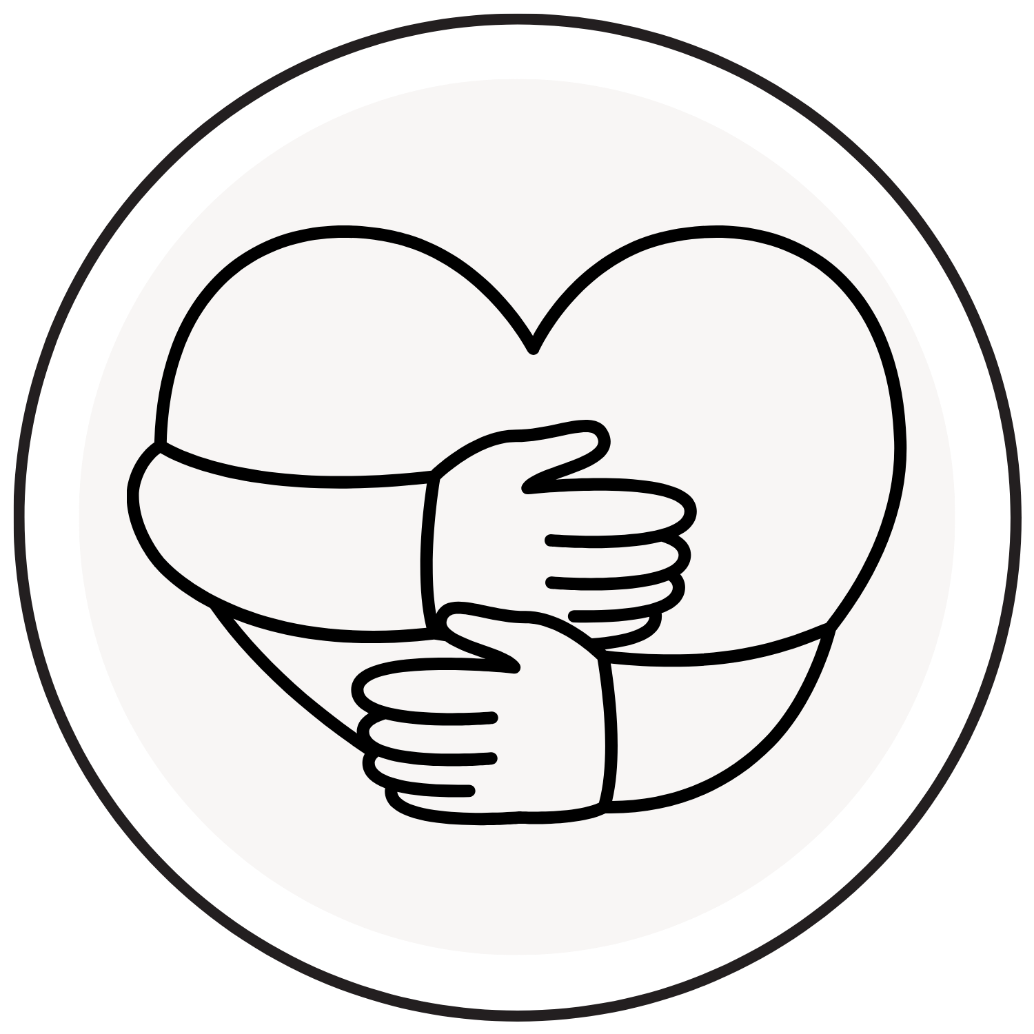 Line drawing of two arms and hands hugging in the shape of a heart