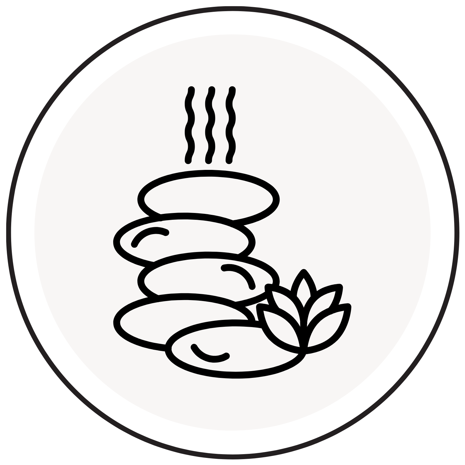 Line drawing of stacked hot stones, a steaming bowl, and a lotus flower, suggesting a massage therapy setting.
