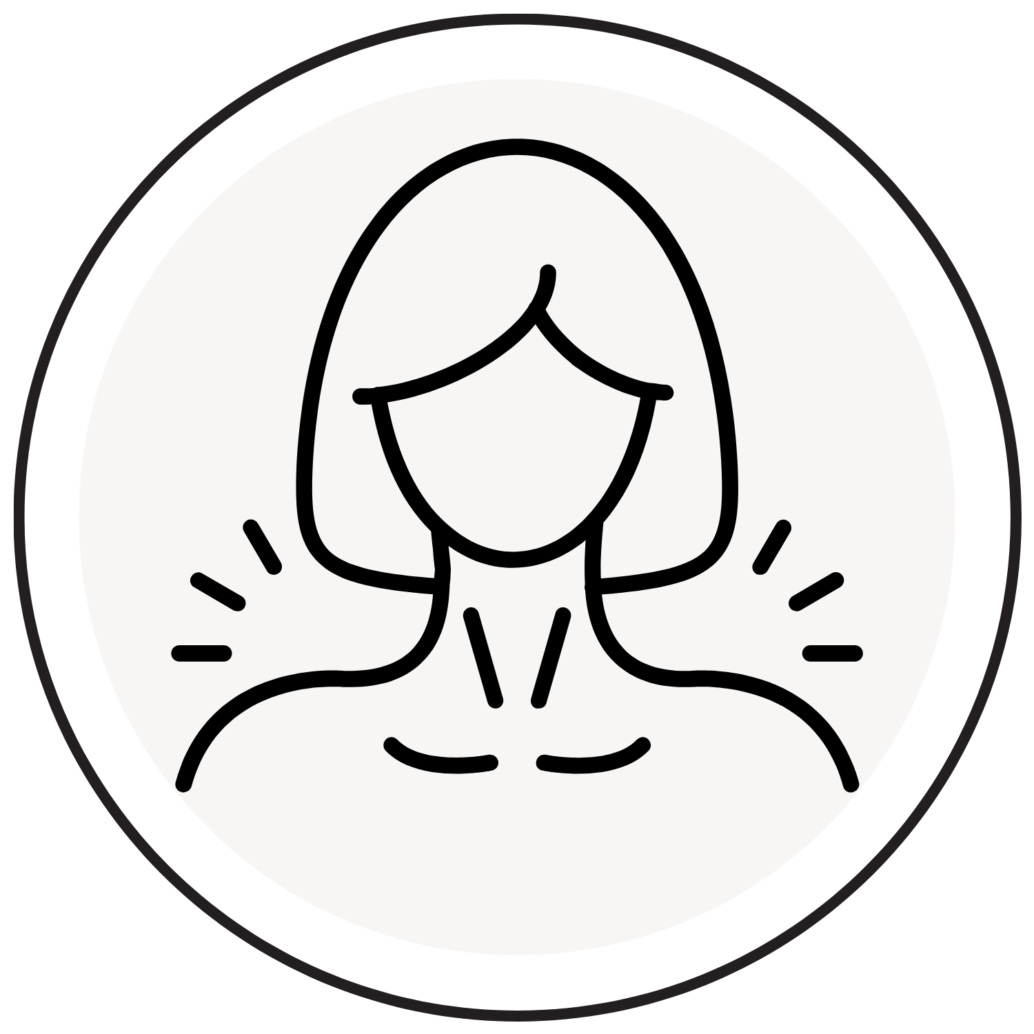 Line drawing of a woman with shoulder-length hair and with lines indicating pain or tension around her shoulders.