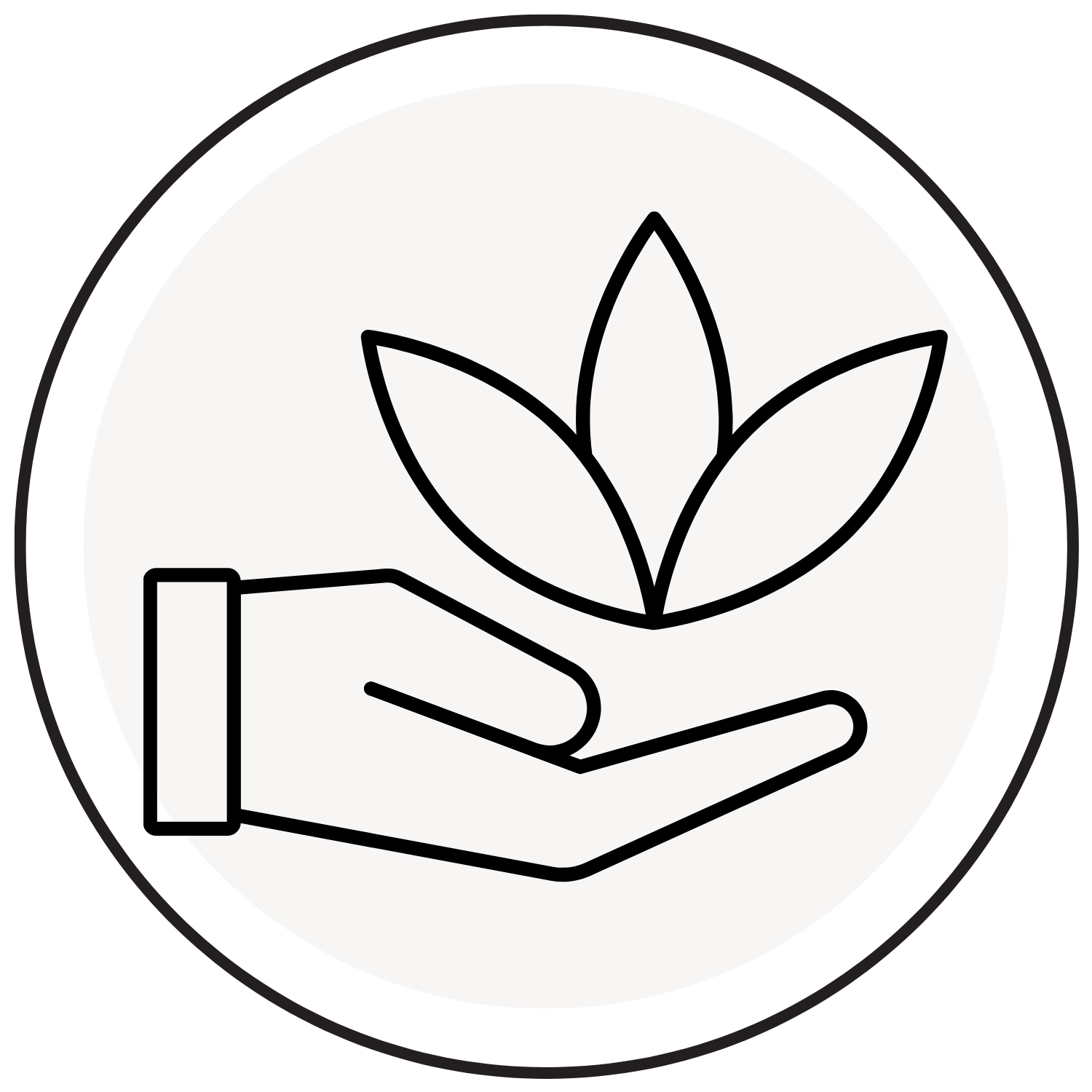 Outline icon of a hand holding a plant, indicating relaxation