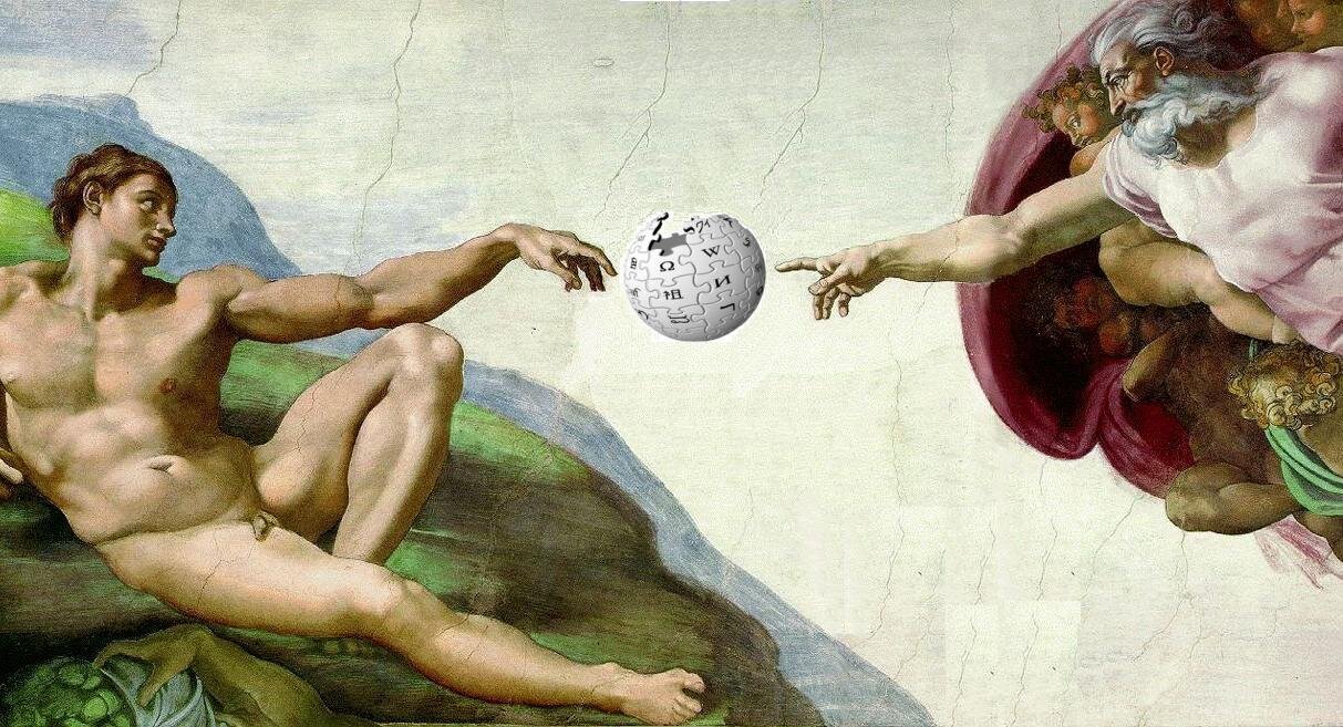 Michelangelo’s Creation of Adam with the logo of Wikipedia added between God and Adam. The original uploader was Robertolyra at Portuguese Wikipedia., CC BY-SA 3.0, via Wikimedia Commons.