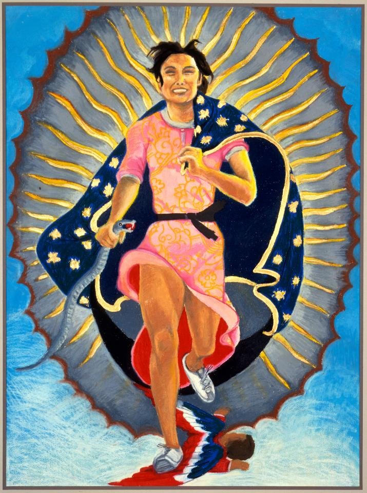 An artwork by Yolanda Lopez with a centralized female figure, represented in the style of Mexican saints with a full-body halo, wrapped in a star-festooned drape and wearing a pink dress.