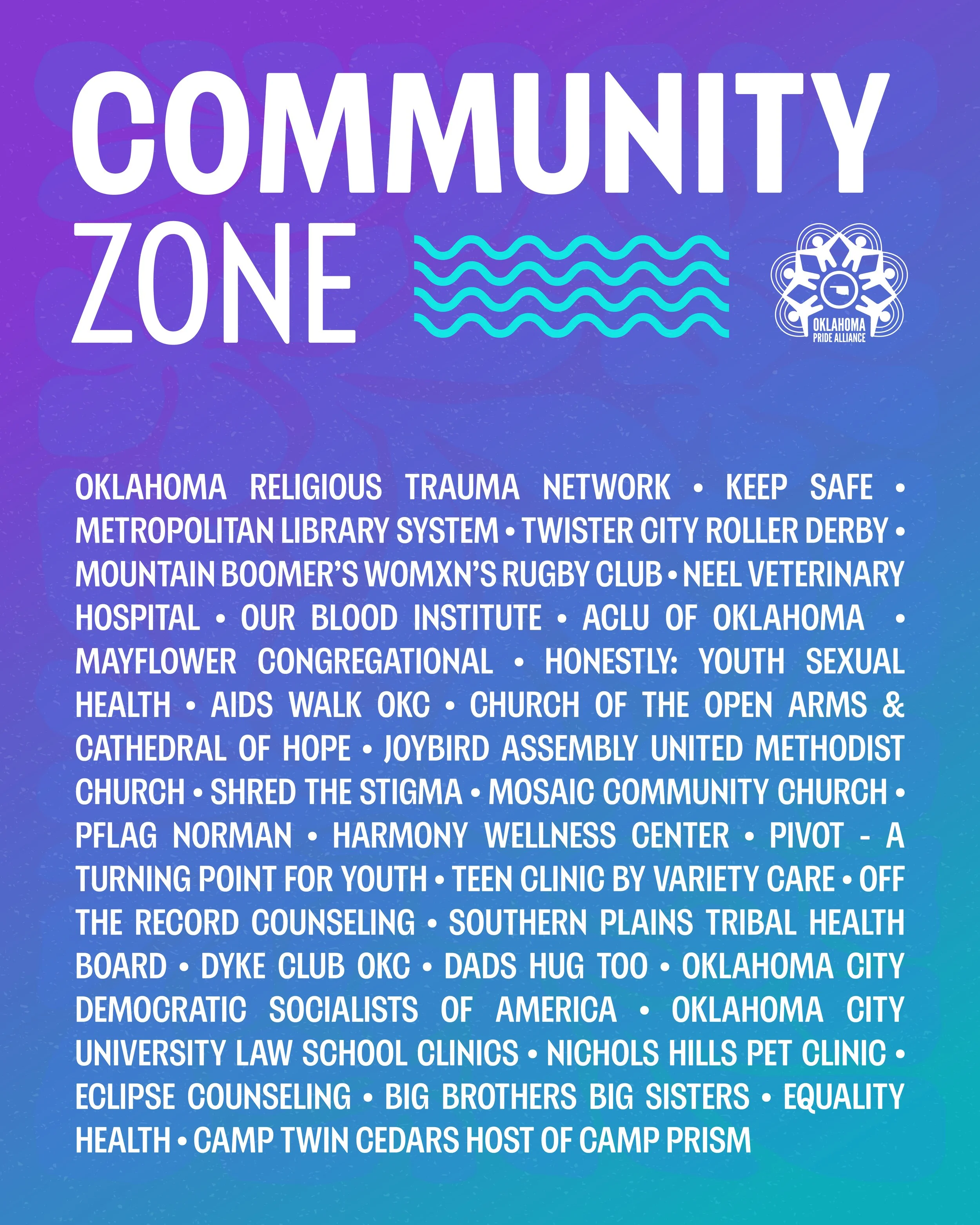 A list of PrideFest Community Zone participants.