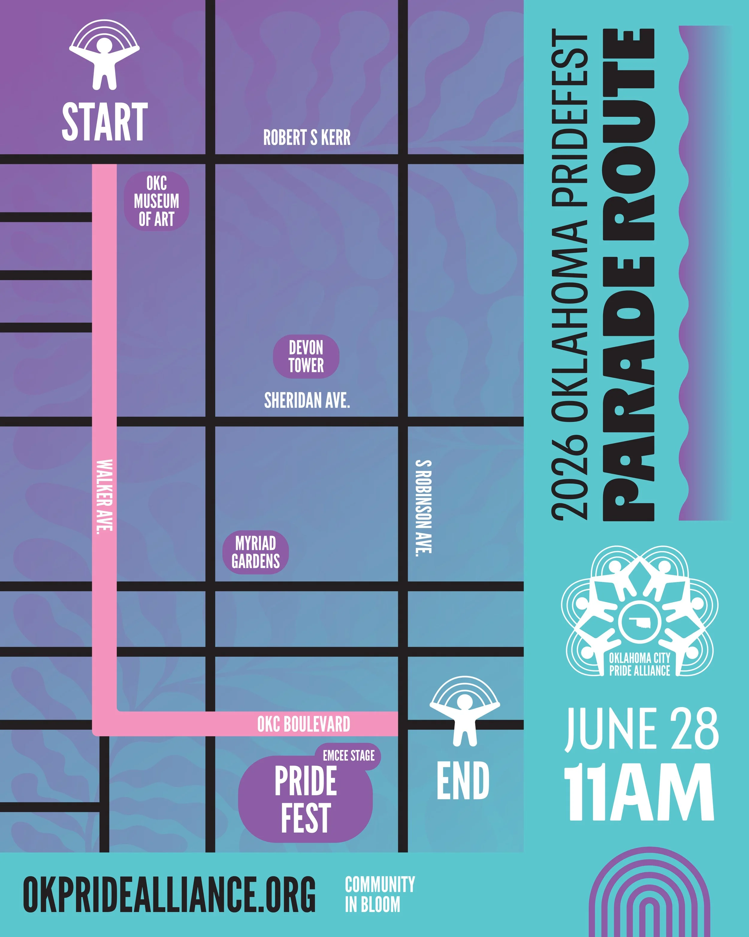 A map of the PrideFest parade route, which begins at 11 a.m. on June 28th.