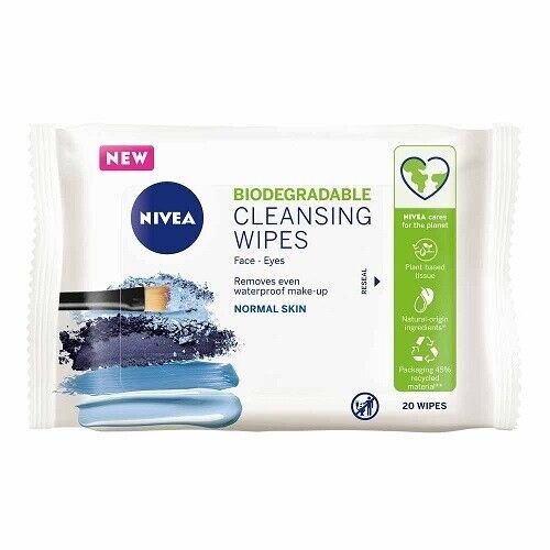 NIVEA Biodegradable Cleansing Wipes Sensitive Skin (25 sheets), Biodegradable Wipes from 100% Plant Fibres