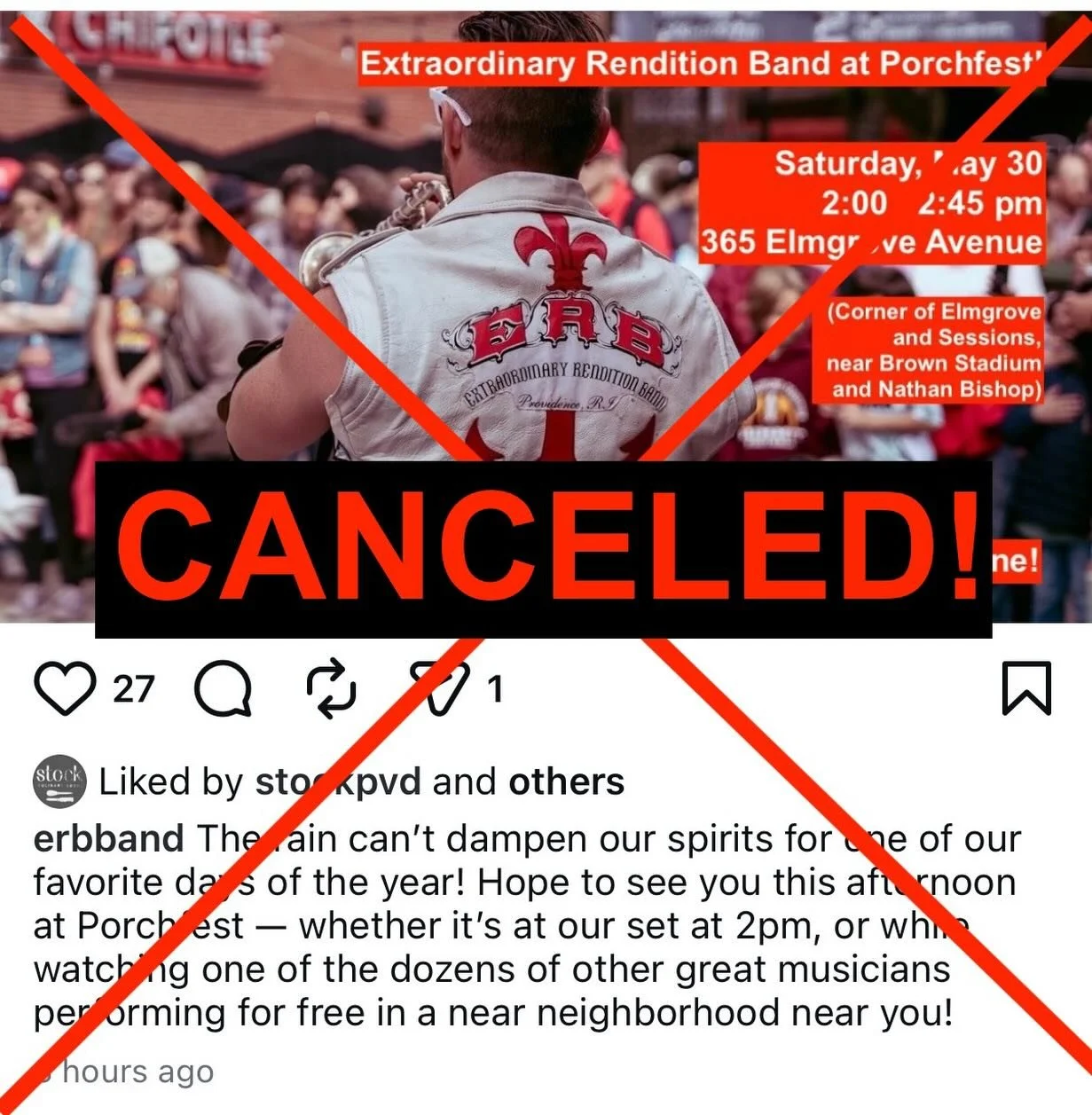UPDATE: Despite our sunny disposition, ERB&rsquo;s Porchfest performance has been canceled.

We&rsquo;ll still be around today to support other great musicians, including our friends in @anchorsawaybrassband and Tin Roof. Hope to see you out there!