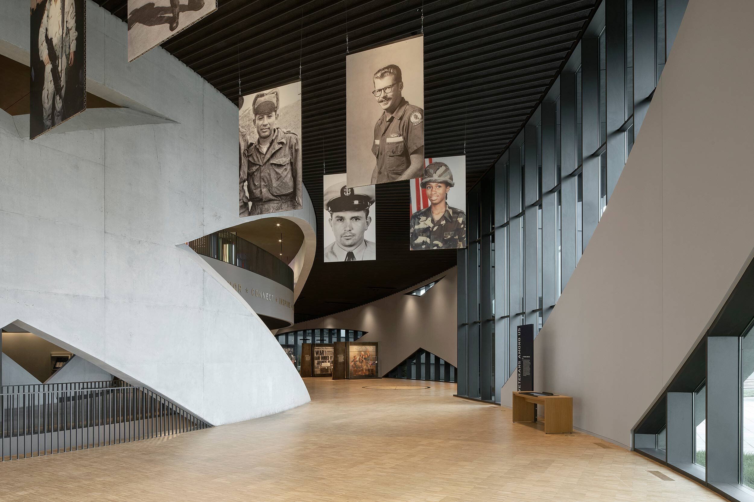 An interior view of the National Veterans Memorial and Museum lobby
