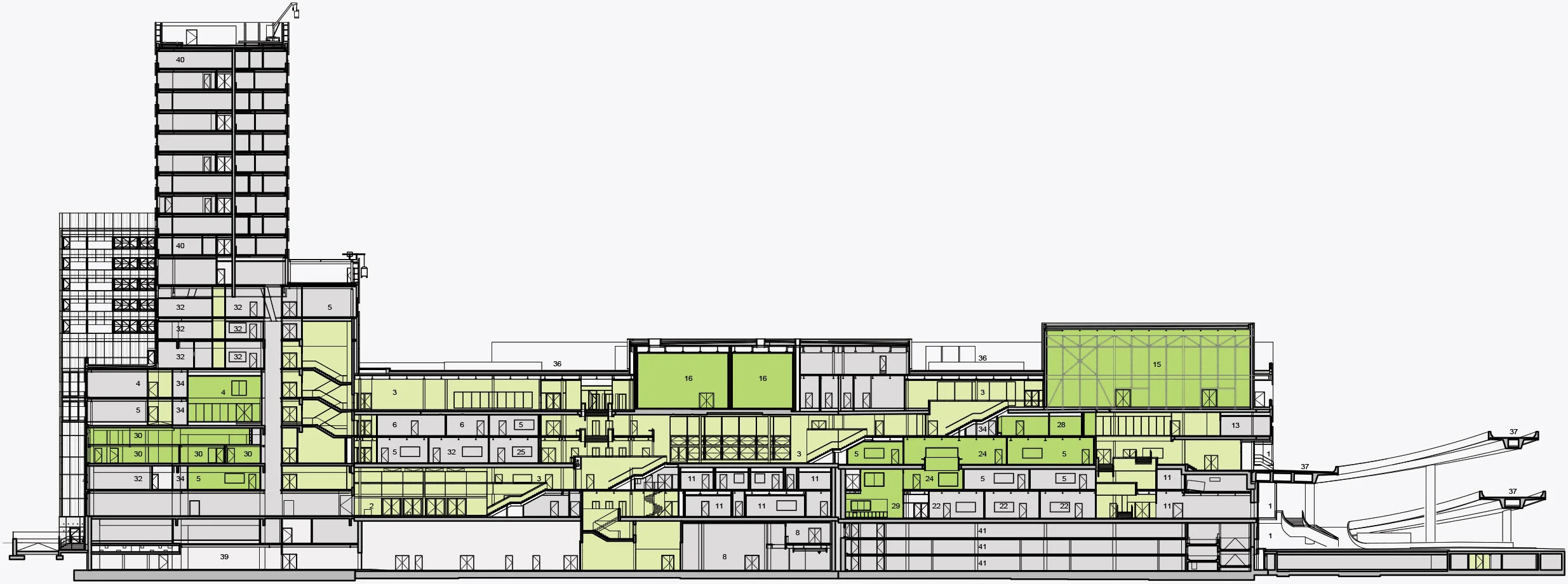 A side drawing plan of the different levels of the Toni-Areal building