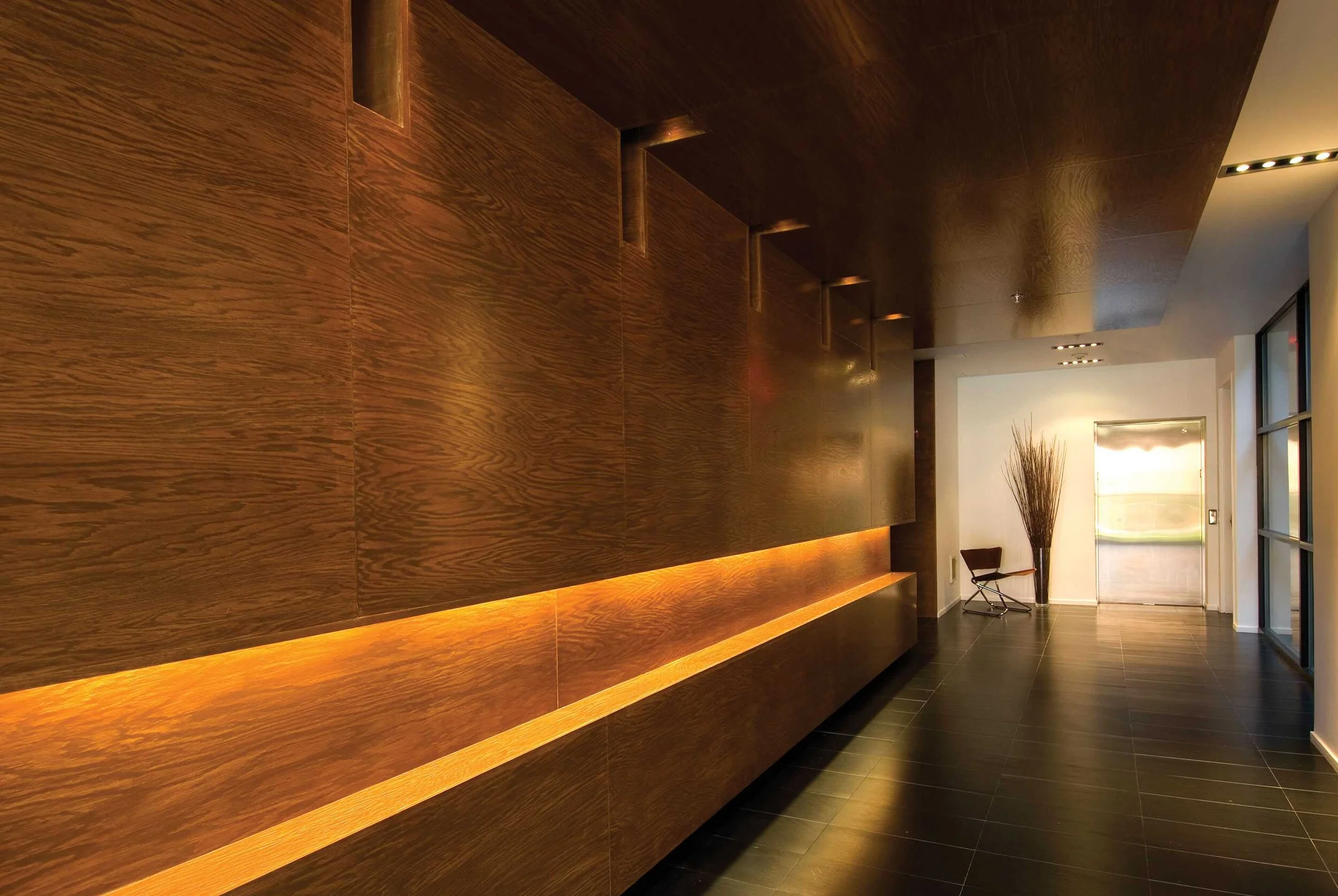 An interior view of a wooden hallway in The Lacey